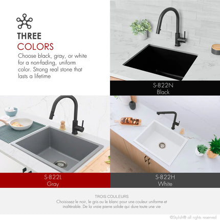 STYLISH 22 inch Dual Mount Single Bowl Black Composite Granite Kitchen Sink with Strainer S-822N - Plumbing Market