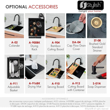 STYLISH 22 inch Dual Mount Single Bowl Black Composite Granite Kitchen Sink with Strainer S-822N - Plumbing Market