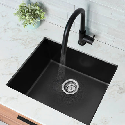 STYLISH 22 inch Dual Mount Single Bowl Black Composite Granite Kitchen Sink with Strainer S-822N - Plumbing Market