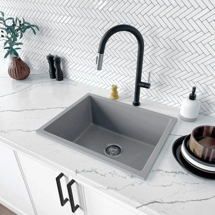 STYLISH 22 inch Dual Mount Single Bowl Gray Composite Granite Kitchen Sink with Strainer S-822L - Plumbing Market