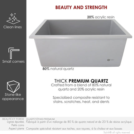 STYLISH 22 inch Dual Mount Single Bowl Gray Composite Granite Kitchen Sink with Strainer S-822L - Plumbing Market