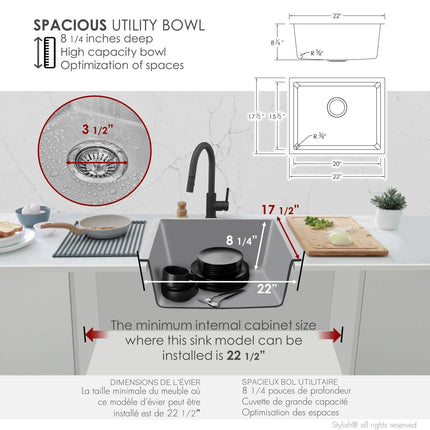 STYLISH 22 inch Dual Mount Single Bowl Gray Composite Granite Kitchen Sink with Strainer S-822L - Plumbing Market