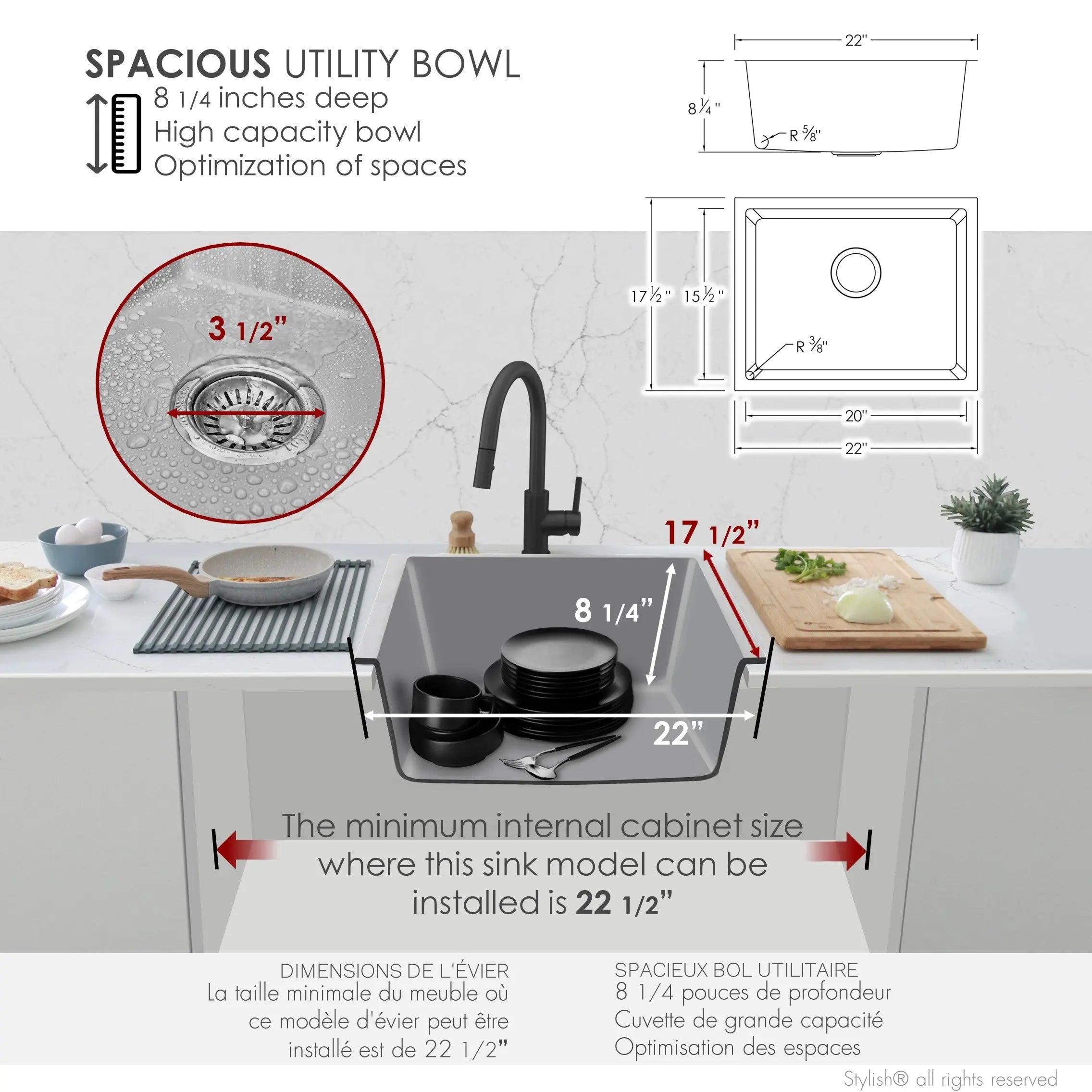 STYLISH 22 inch Dual Mount Single Bowl Gray Composite Granite Kitchen Sink with Strainer S-822L - Plumbing Market