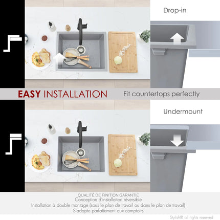 STYLISH 22 inch Dual Mount Single Bowl Gray Composite Granite Kitchen Sink with Strainer S-822L - Plumbing Market