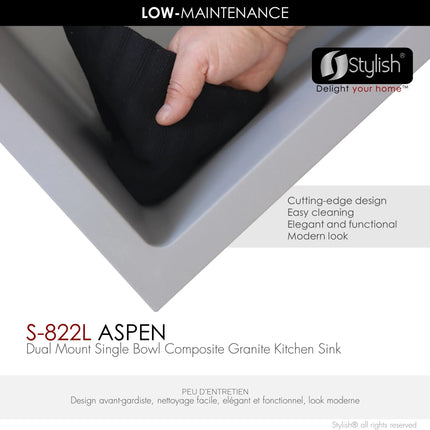 STYLISH 22 inch Dual Mount Single Bowl Gray Composite Granite Kitchen Sink with Strainer S-822L - Plumbing Market