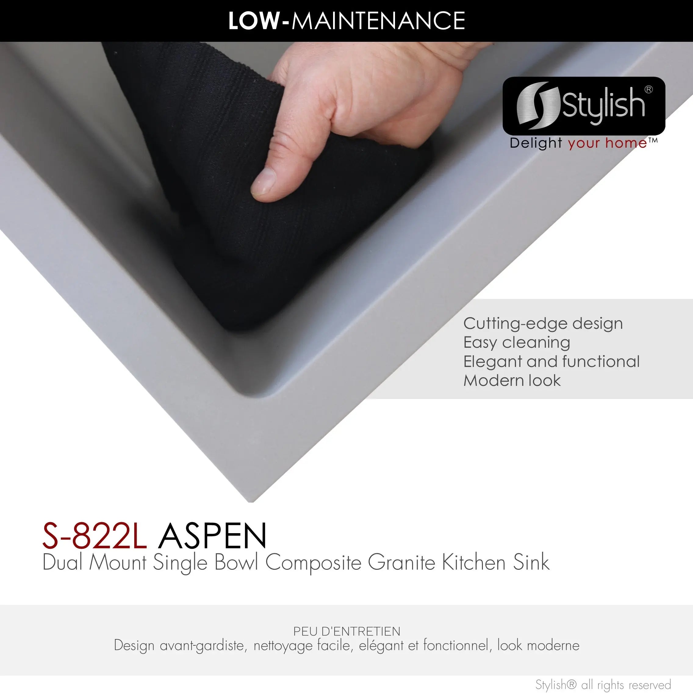 STYLISH 22 inch Dual Mount Single Bowl Gray Composite Granite Kitchen Sink with Strainer S-822L - Plumbing Market