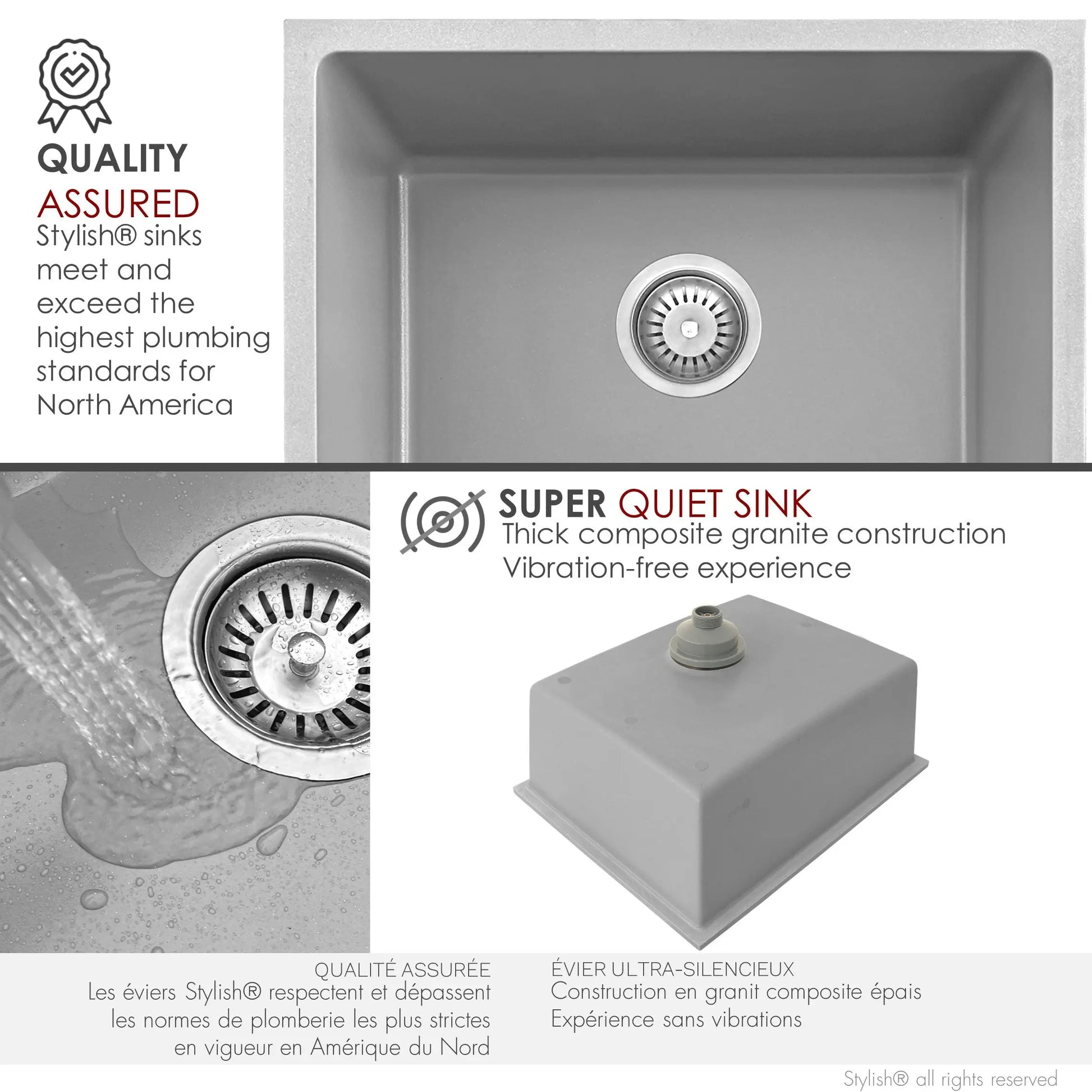 STYLISH 22 inch Dual Mount Single Bowl Gray Composite Granite Kitchen Sink with Strainer S-822L - Plumbing Market