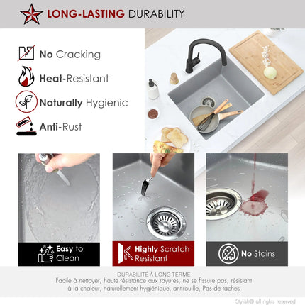 STYLISH 22 inch Dual Mount Single Bowl Gray Composite Granite Kitchen Sink with Strainer S-822L - Plumbing Market