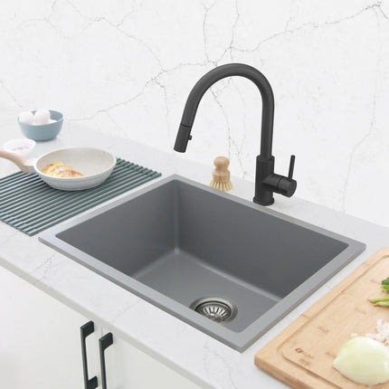 STYLISH 22 inch Dual Mount Single Bowl Gray Composite Granite Kitchen Sink with Strainer S-822L - Plumbing Market