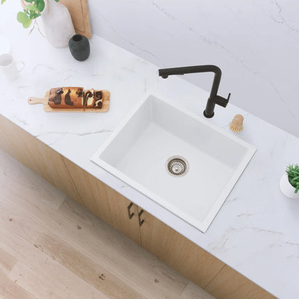 STYLISH 22 inch Dual Mount Single Bowl White Composite Granite Kitchen Sink with Strainer S-822H - Plumbing Market