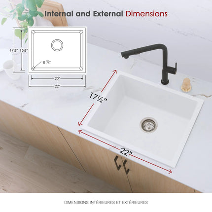 STYLISH 22 inch Dual Mount Single Bowl White Composite Granite Kitchen Sink with Strainer S-822H - Plumbing Market