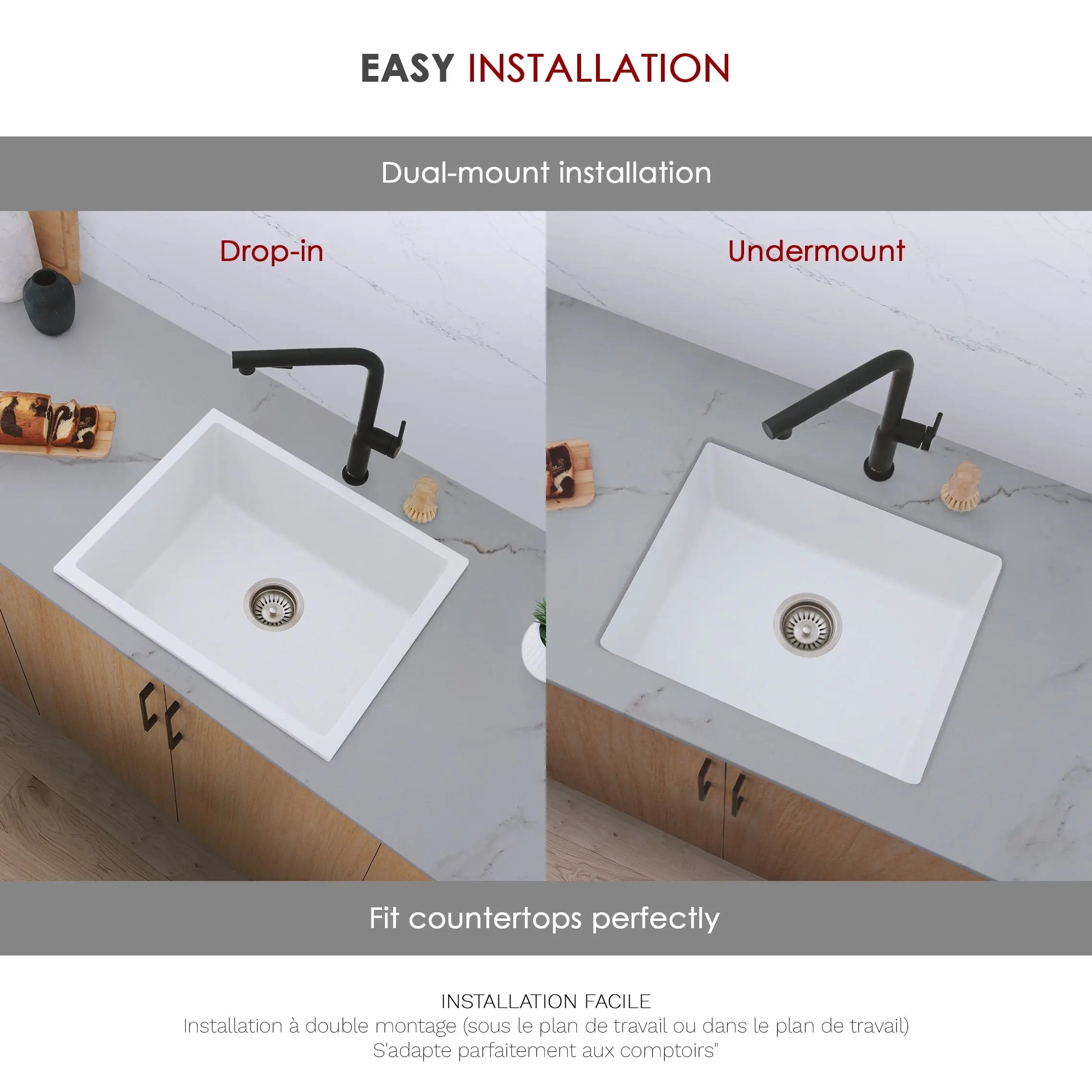 STYLISH 22 inch Dual Mount Single Bowl White Composite Granite Kitchen Sink with Strainer S-822H - Plumbing Market
