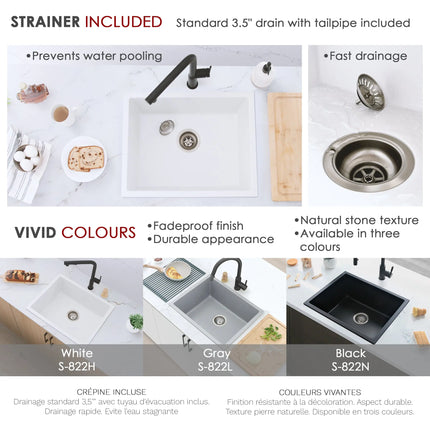 STYLISH 22 inch Dual Mount Single Bowl White Composite Granite Kitchen Sink with Strainer S-822H - Plumbing Market