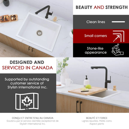 STYLISH 22 inch Dual Mount Single Bowl White Composite Granite Kitchen Sink with Strainer S-822H - Plumbing Market