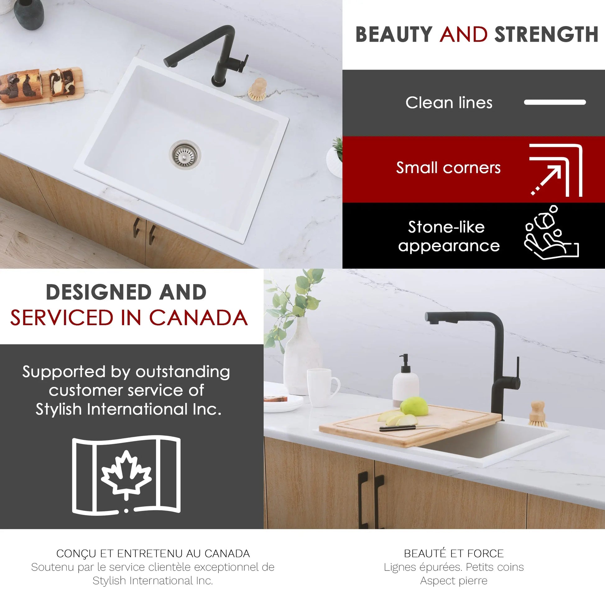 STYLISH 22 inch Dual Mount Single Bowl White Composite Granite Kitchen Sink with Strainer S-822H - Plumbing Market