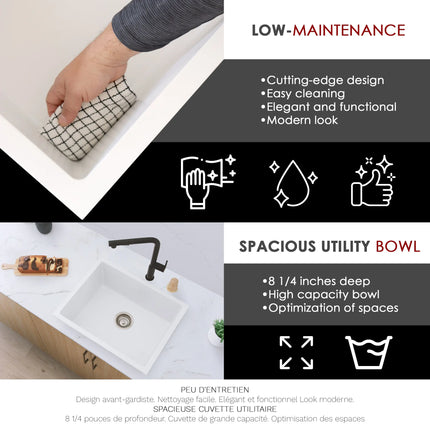 STYLISH 22 inch Dual Mount Single Bowl White Composite Granite Kitchen Sink with Strainer S-822H - Plumbing Market