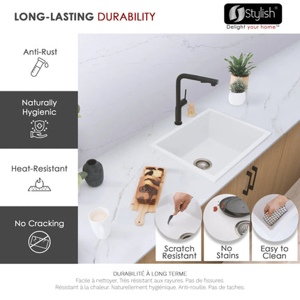 STYLISH 22 inch Dual Mount Single Bowl White Composite Granite Kitchen Sink with Strainer S-822H - Plumbing Market
