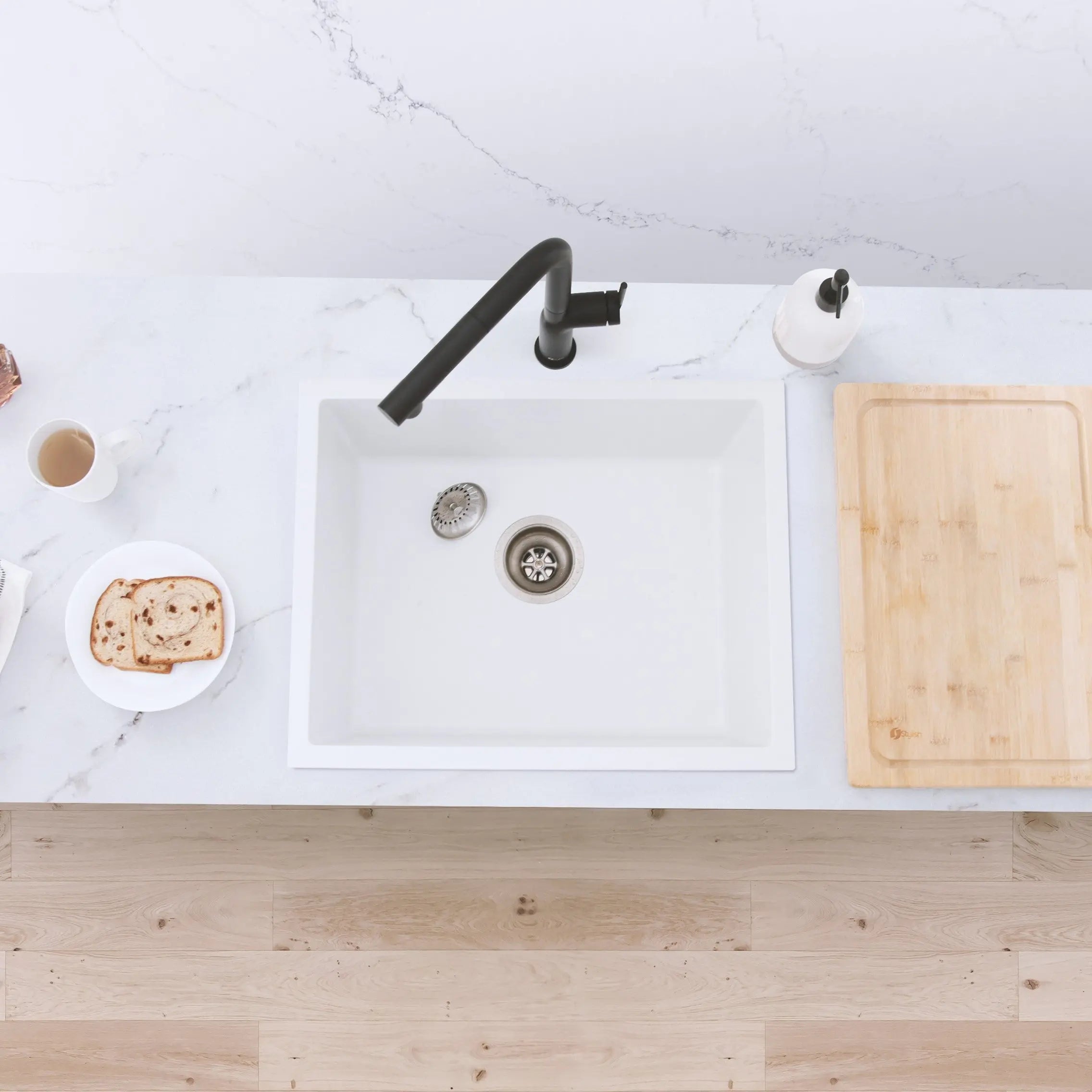 STYLISH 22 inch Dual Mount Single Bowl White Composite Granite Kitchen Sink with Strainer S-822H - Plumbing Market