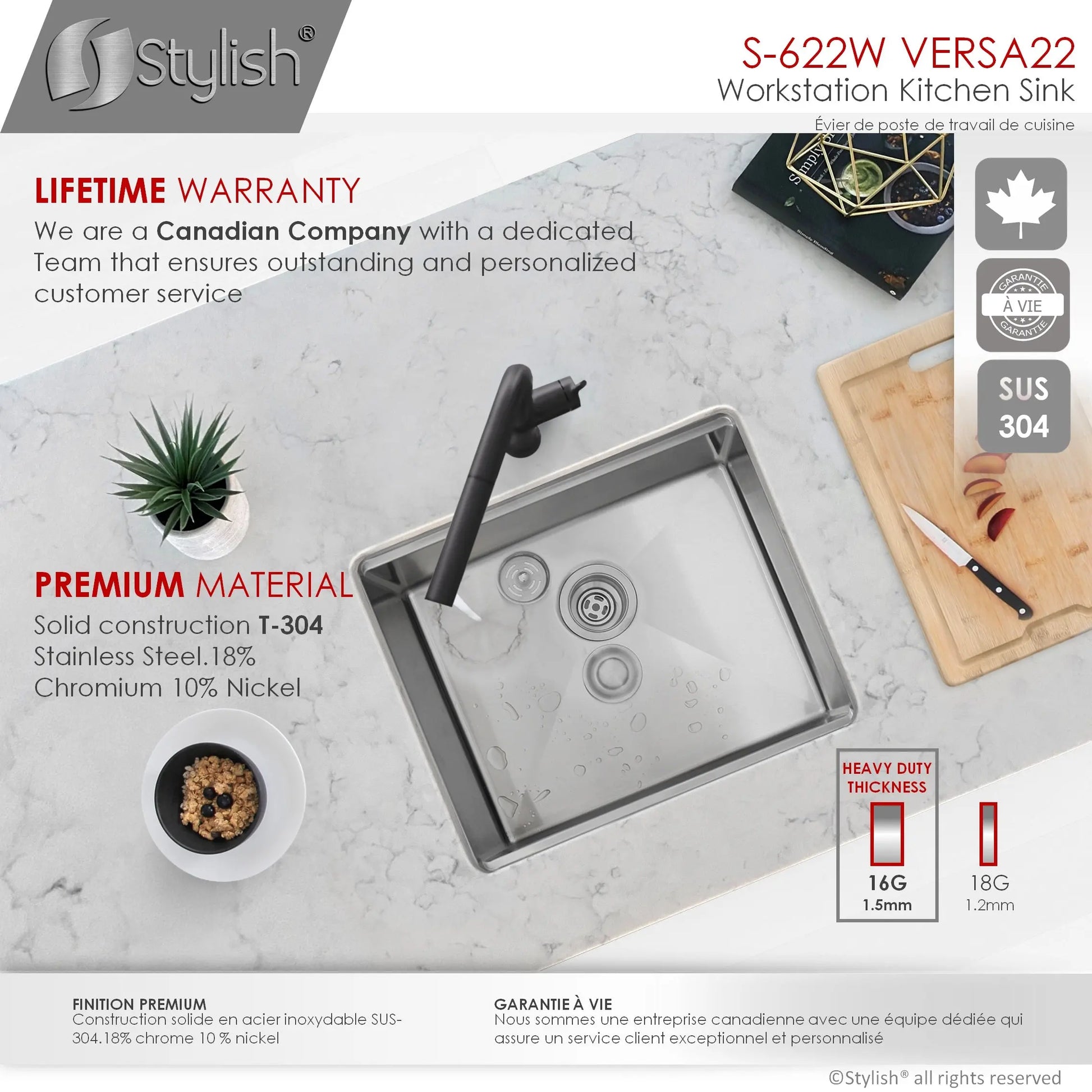 STYLISH 22 inch Workstation Single Bowl Undermount 16 Gauge Stainless Steel Kitchen Sink with Built in Accessories S-622W - Plumbing Market