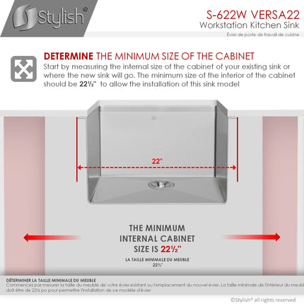 STYLISH 22 inch Workstation Single Bowl Undermount 16 Gauge Stainless Steel Kitchen Sink with Built in Accessories S-622W - Plumbing Market