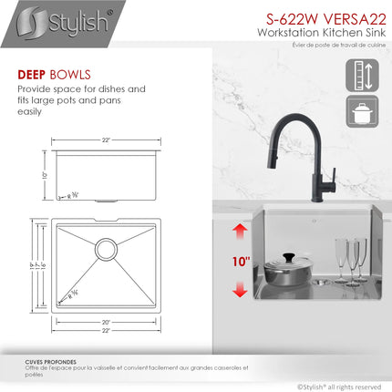 STYLISH 22 inch Workstation Single Bowl Undermount 16 Gauge Stainless Steel Kitchen Sink with Built in Accessories S-622W - Plumbing Market
