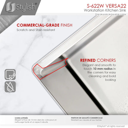 STYLISH 22 inch Workstation Single Bowl Undermount 16 Gauge Stainless Steel Kitchen Sink with Built in Accessories S-622W - Plumbing Market