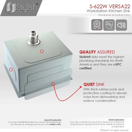 STYLISH 22 inch Workstation Single Bowl Undermount 16 Gauge Stainless Steel Kitchen Sink with Built in Accessories S-622W - Plumbing Market