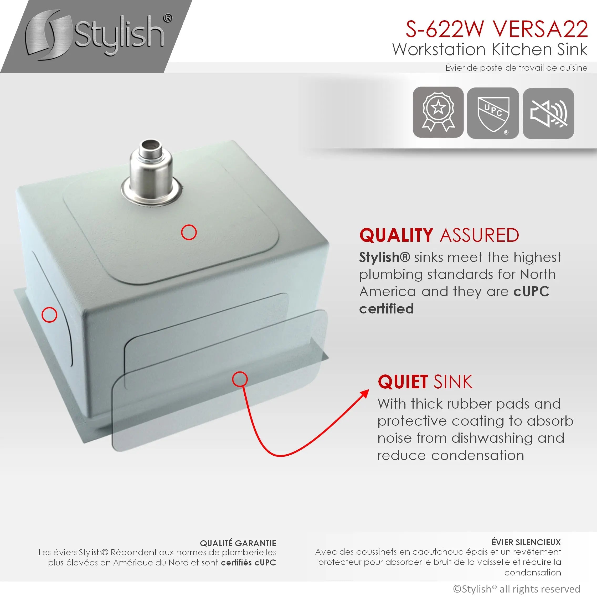 STYLISH 22 inch Workstation Single Bowl Undermount 16 Gauge Stainless Steel Kitchen Sink with Built in Accessories S-622W - Plumbing Market
