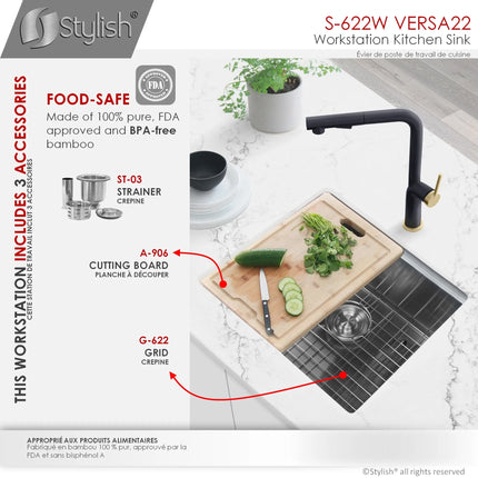 STYLISH 22 inch Workstation Single Bowl Undermount 16 Gauge Stainless Steel Kitchen Sink with Built in Accessories S-622W - Plumbing Market