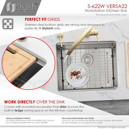 STYLISH 22 inch Workstation Single Bowl Undermount 16 Gauge Stainless Steel Kitchen Sink with Built in Accessories S-622W - Plumbing Market