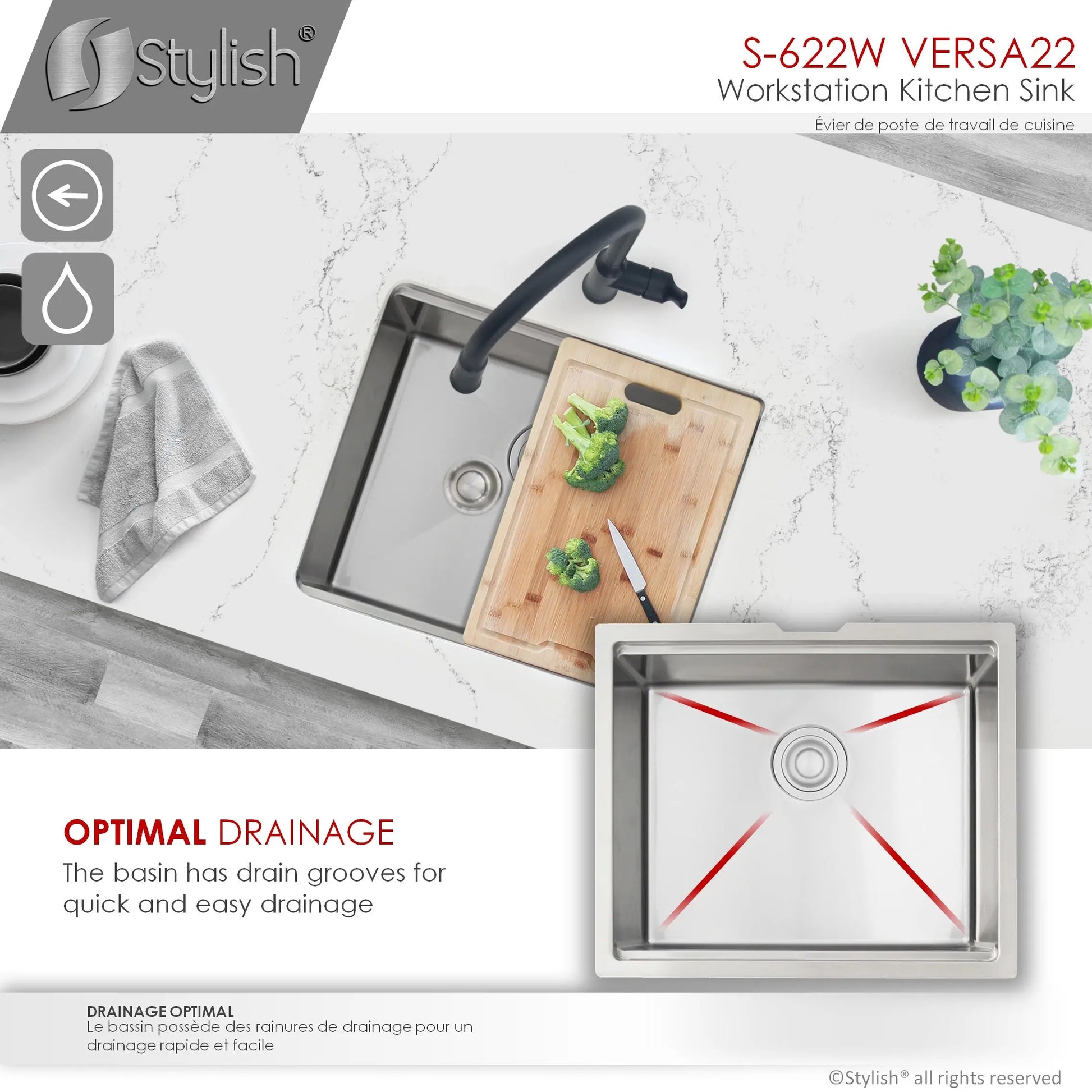 STYLISH 22 inch Workstation Single Bowl Undermount 16 Gauge Stainless Steel Kitchen Sink with Built in Accessories S-622W - Plumbing Market