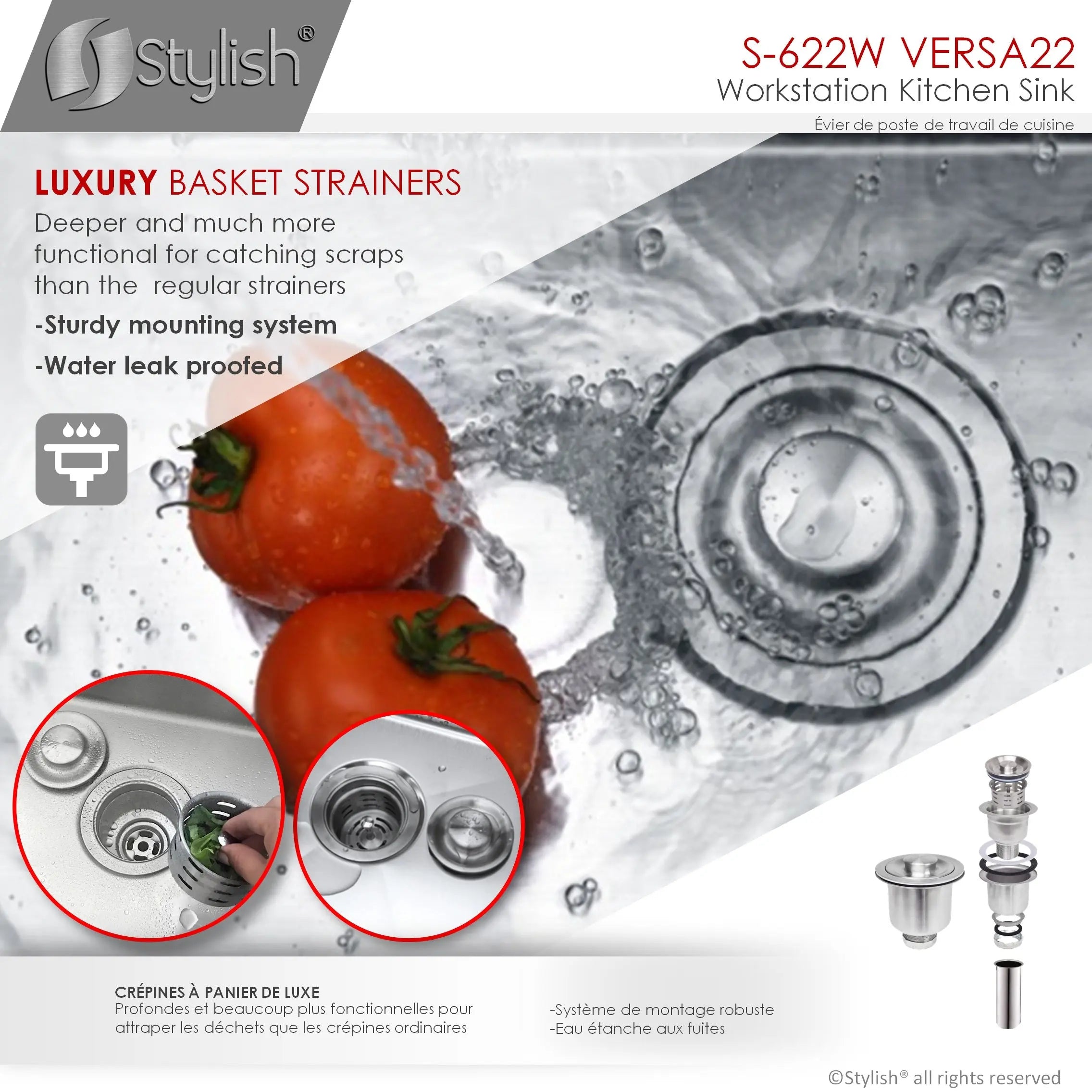 STYLISH 22 inch Workstation Single Bowl Undermount 16 Gauge Stainless Steel Kitchen Sink with Built in Accessories S-622W - Plumbing Market