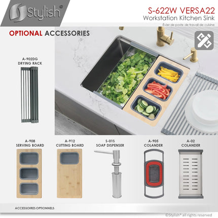 STYLISH 22 inch Workstation Single Bowl Undermount 16 Gauge Stainless Steel Kitchen Sink with Built in Accessories S-622W - Plumbing Market