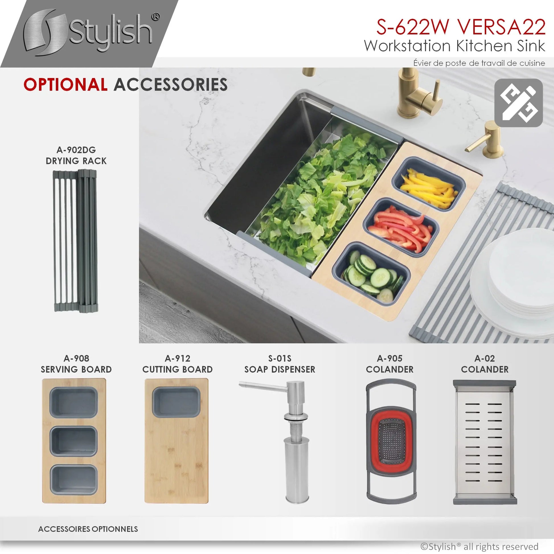 STYLISH 22 inch Workstation Single Bowl Undermount 16 Gauge Stainless Steel Kitchen Sink with Built in Accessories S-622W - Plumbing Market