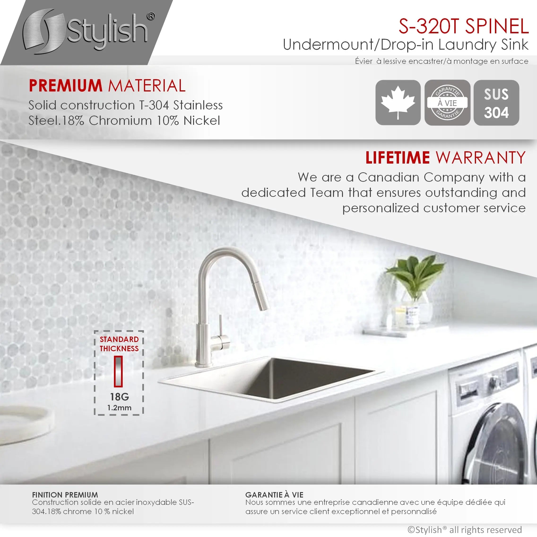 STYLISH 22 x 18 inch Single Bowl Undermount and Drop-in Stainless Steel Laundry Sink S-320T - Plumbing Market