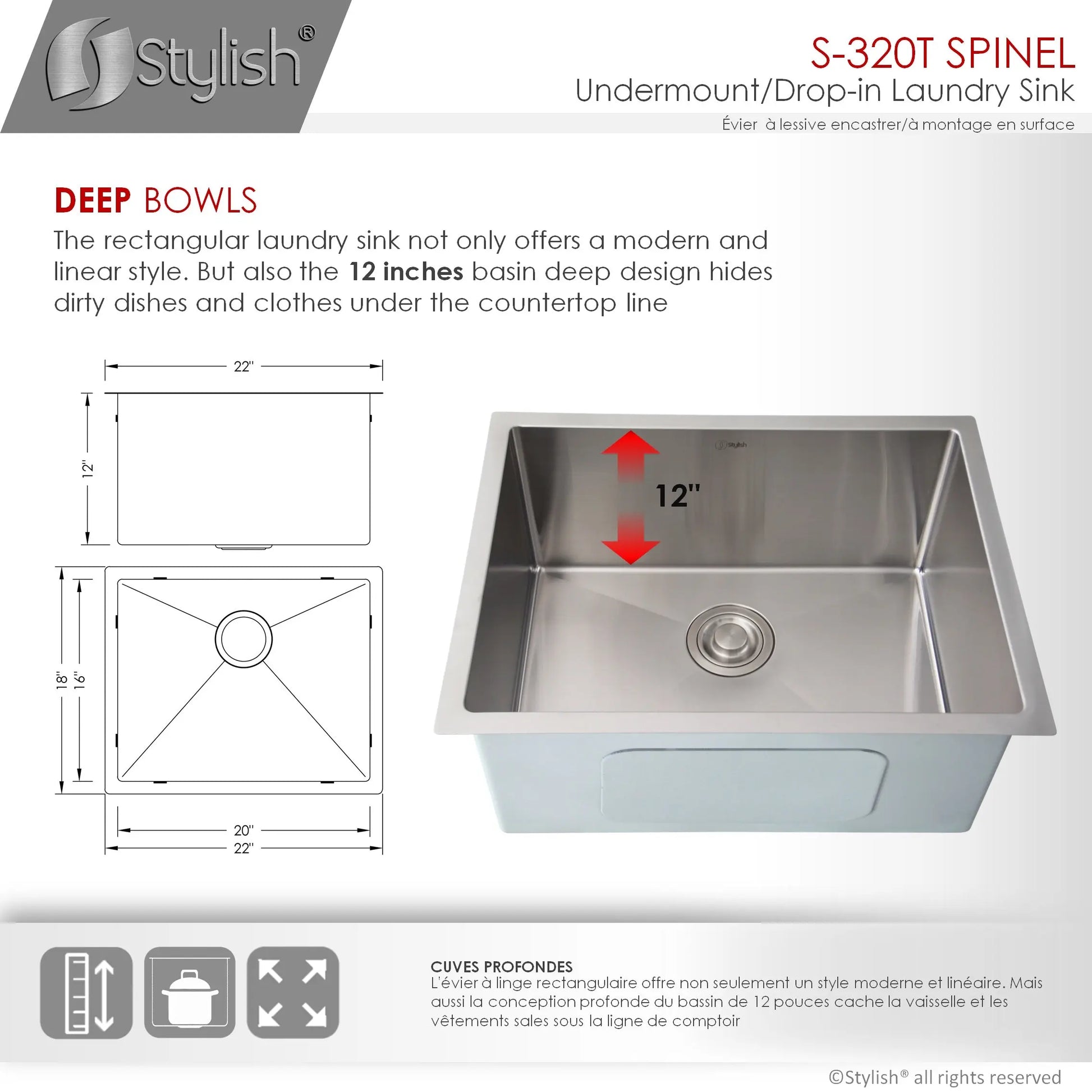 STYLISH 22 x 18 inch Single Bowl Undermount and Drop-in Stainless Steel Laundry Sink S-320T - Plumbing Market