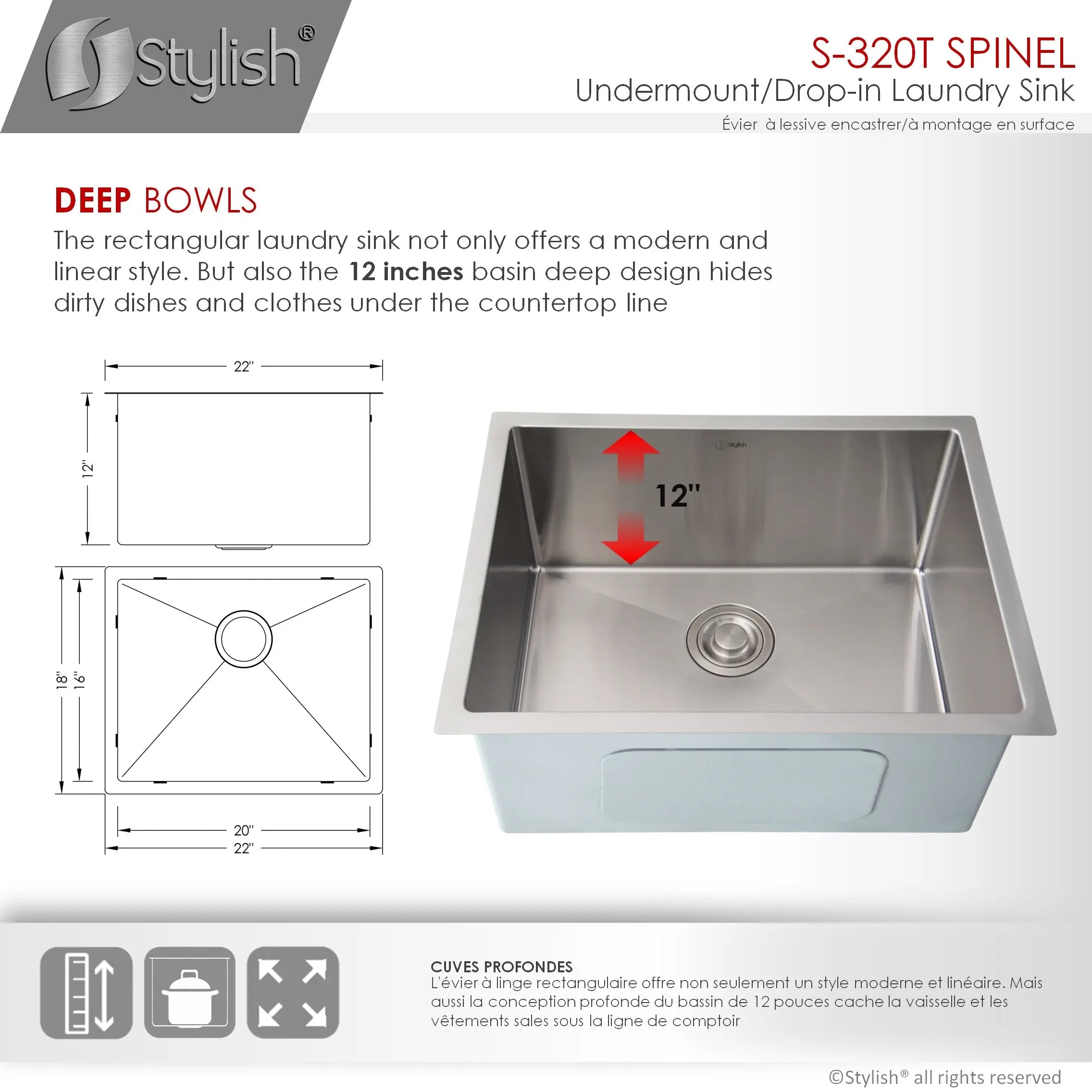 STYLISH 22 x 18 inch Single Bowl Undermount and Drop-in Stainless Steel Laundry Sink S-320T - Plumbing Market