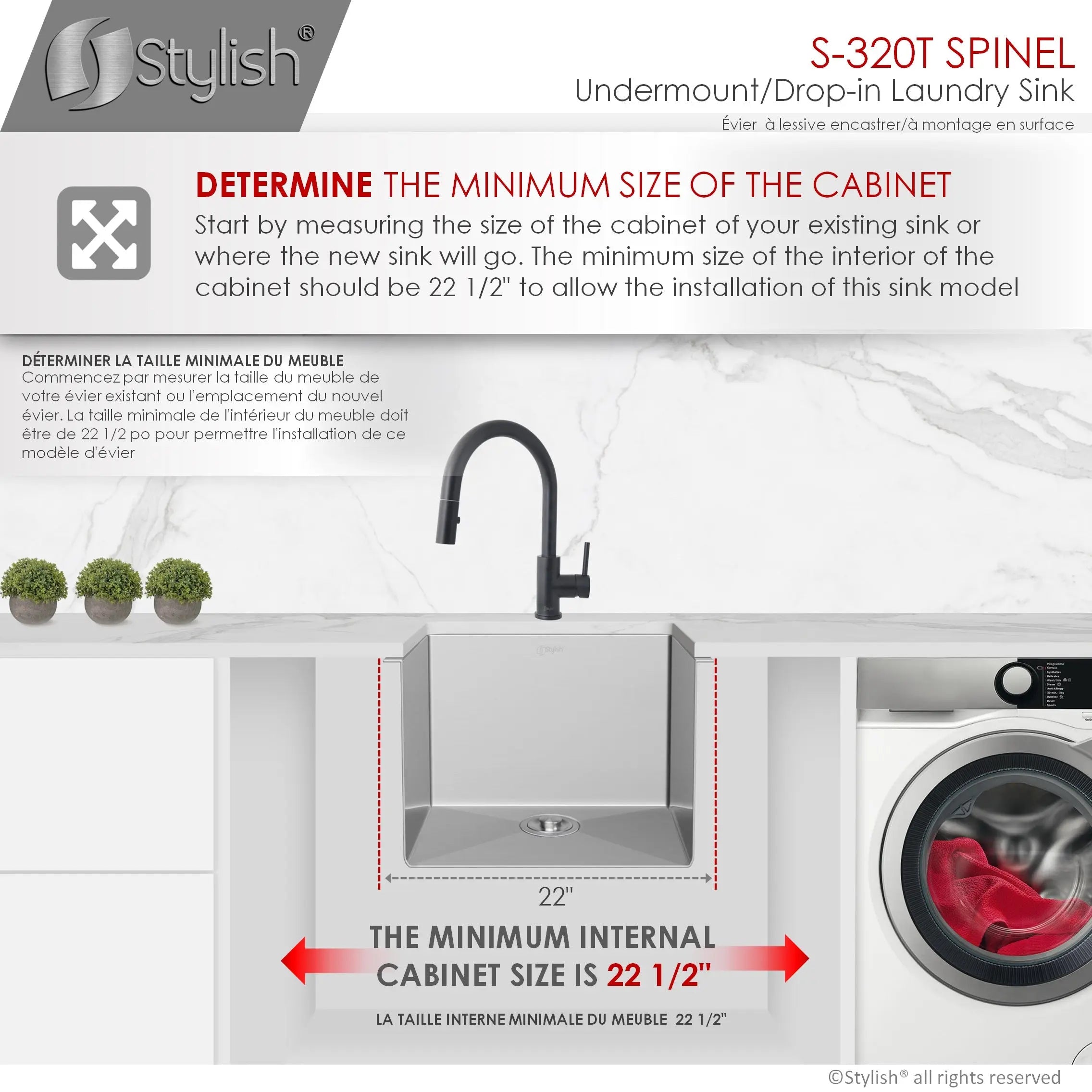 STYLISH 22 x 18 inch Single Bowl Undermount and Drop-in Stainless Steel Laundry Sink S-320T - Plumbing Market
