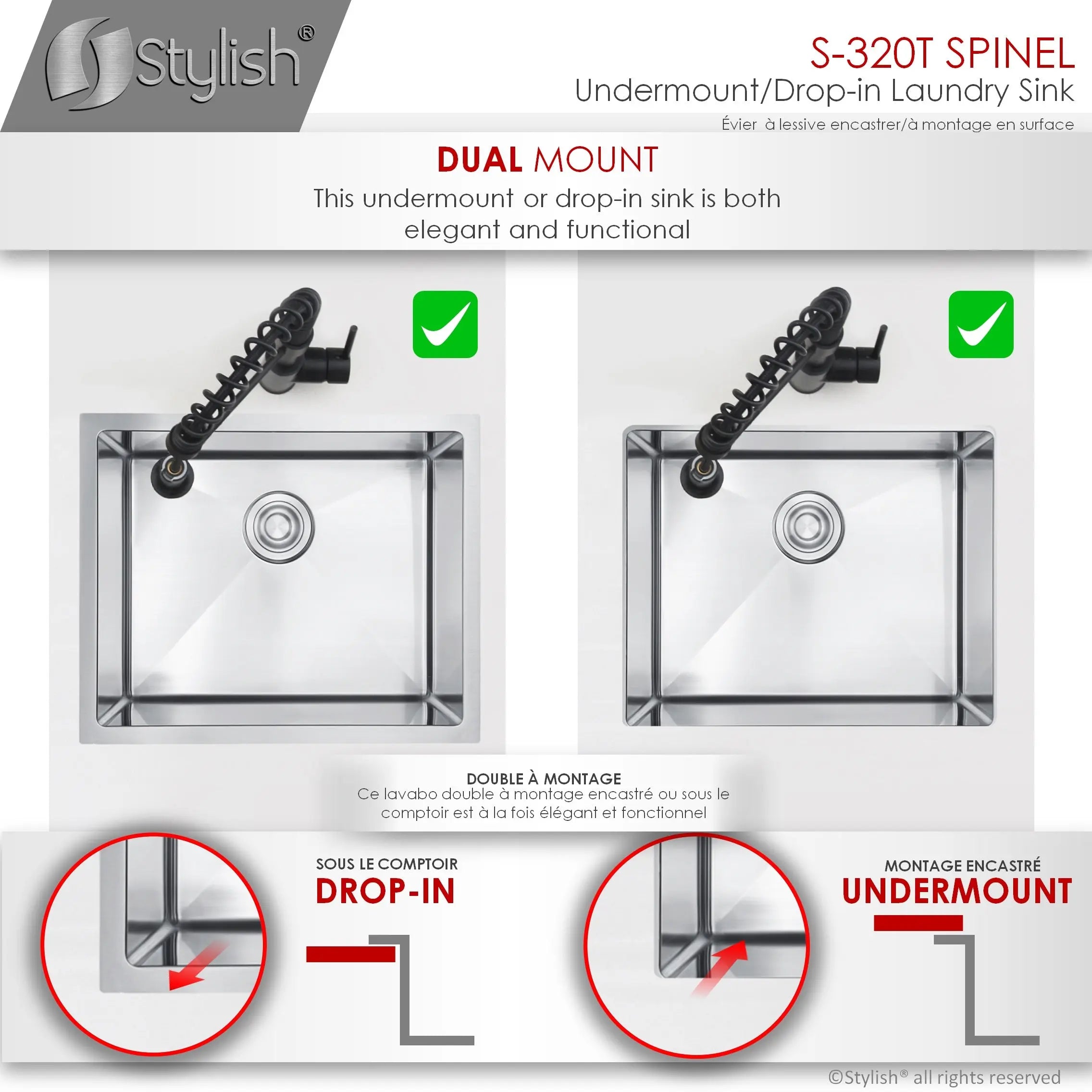 STYLISH 22 x 18 inch Single Bowl Undermount and Drop-in Stainless Steel Laundry Sink S-320T - Plumbing Market