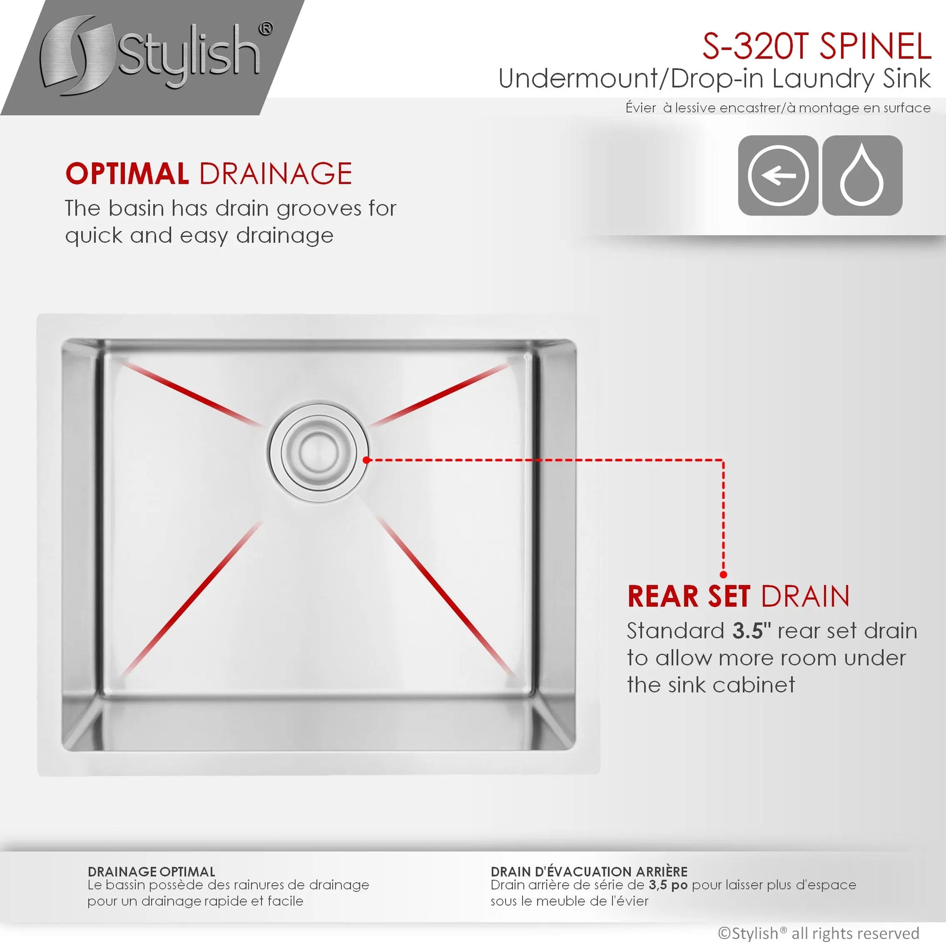 STYLISH 22 x 18 inch Single Bowl Undermount and Drop-in Stainless Steel Laundry Sink S-320T - Plumbing Market
