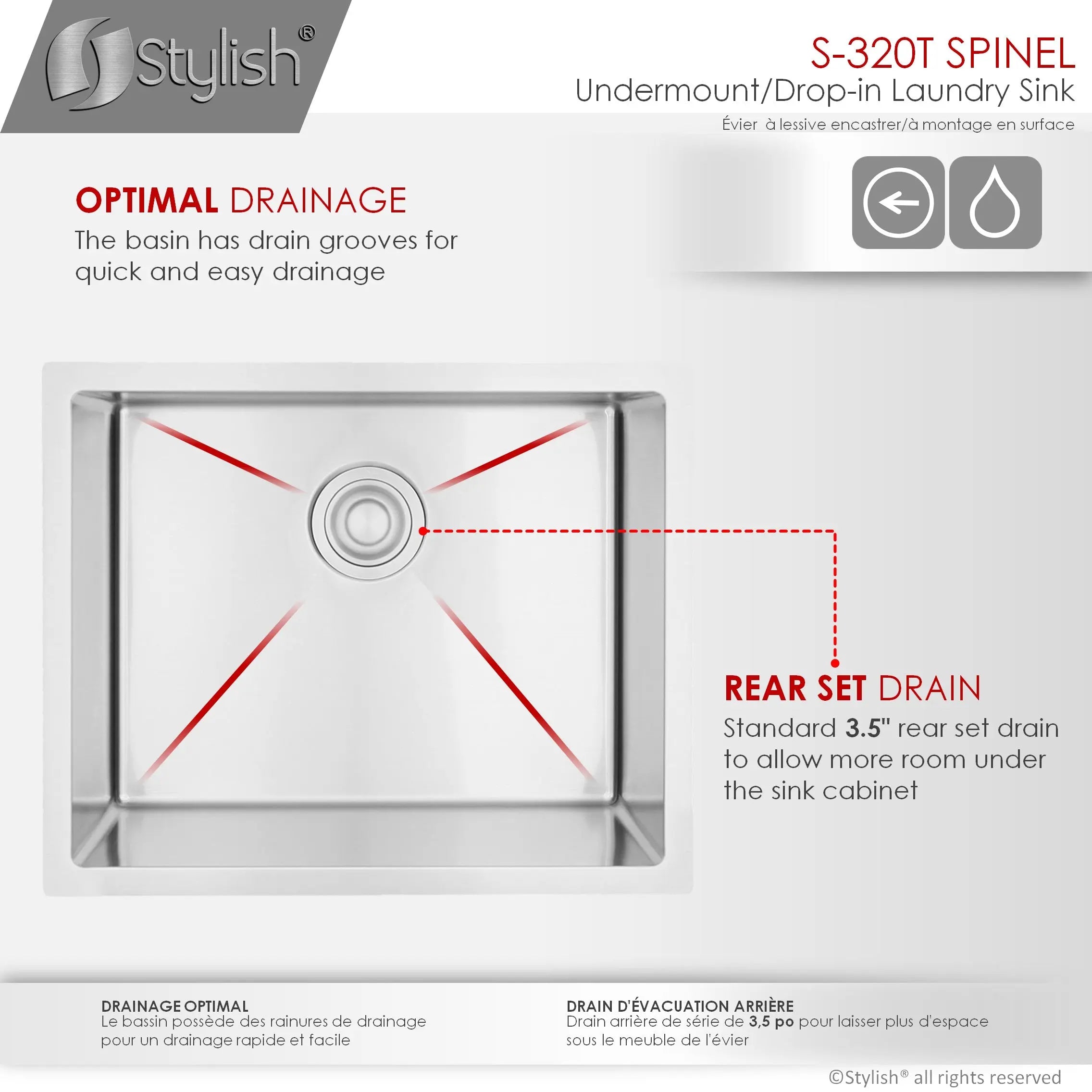 STYLISH 22 x 18 inch Single Bowl Undermount and Drop-in Stainless Steel Laundry Sink S-320T - Plumbing Market