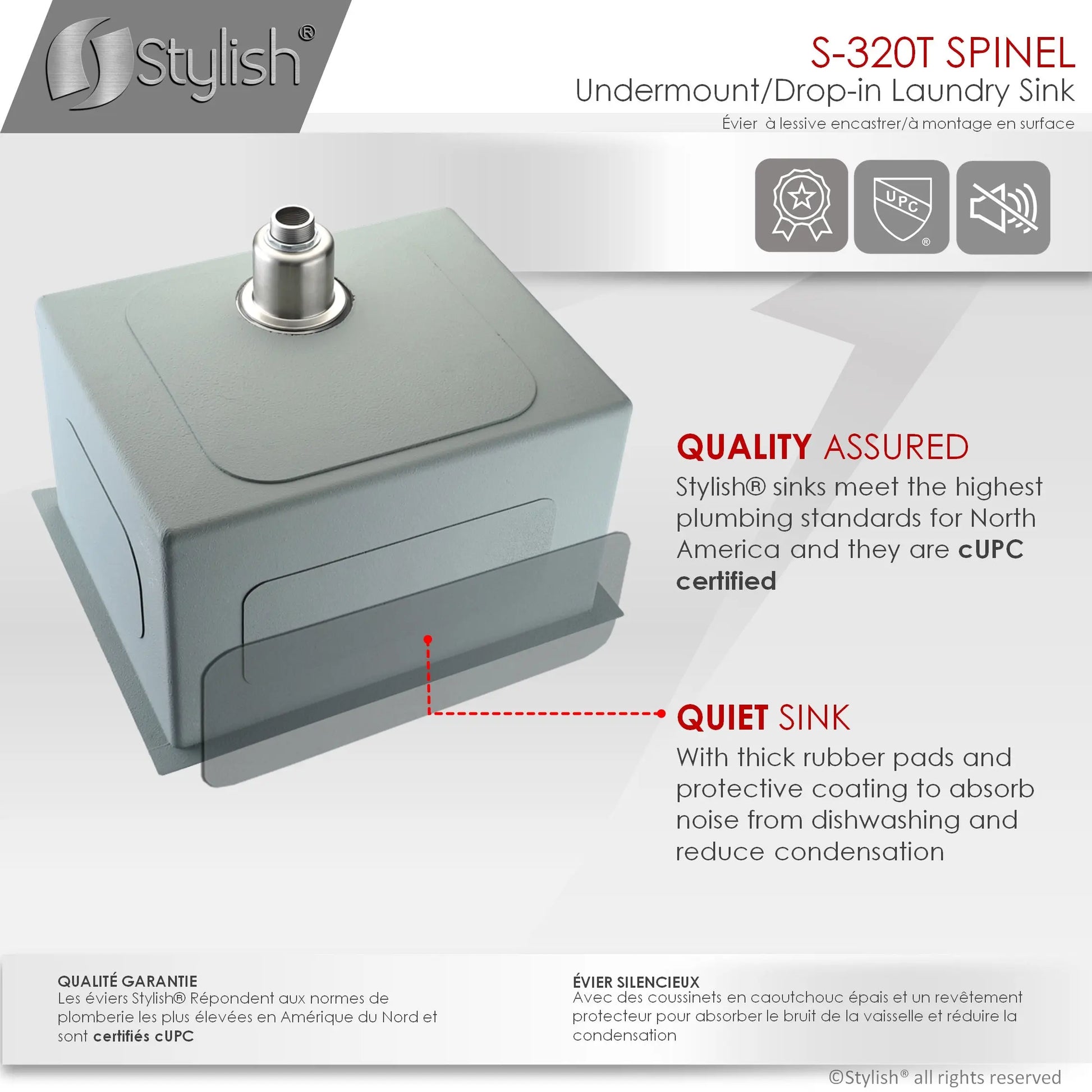 STYLISH 22 x 18 inch Single Bowl Undermount and Drop-in Stainless Steel Laundry Sink S-320T - Plumbing Market