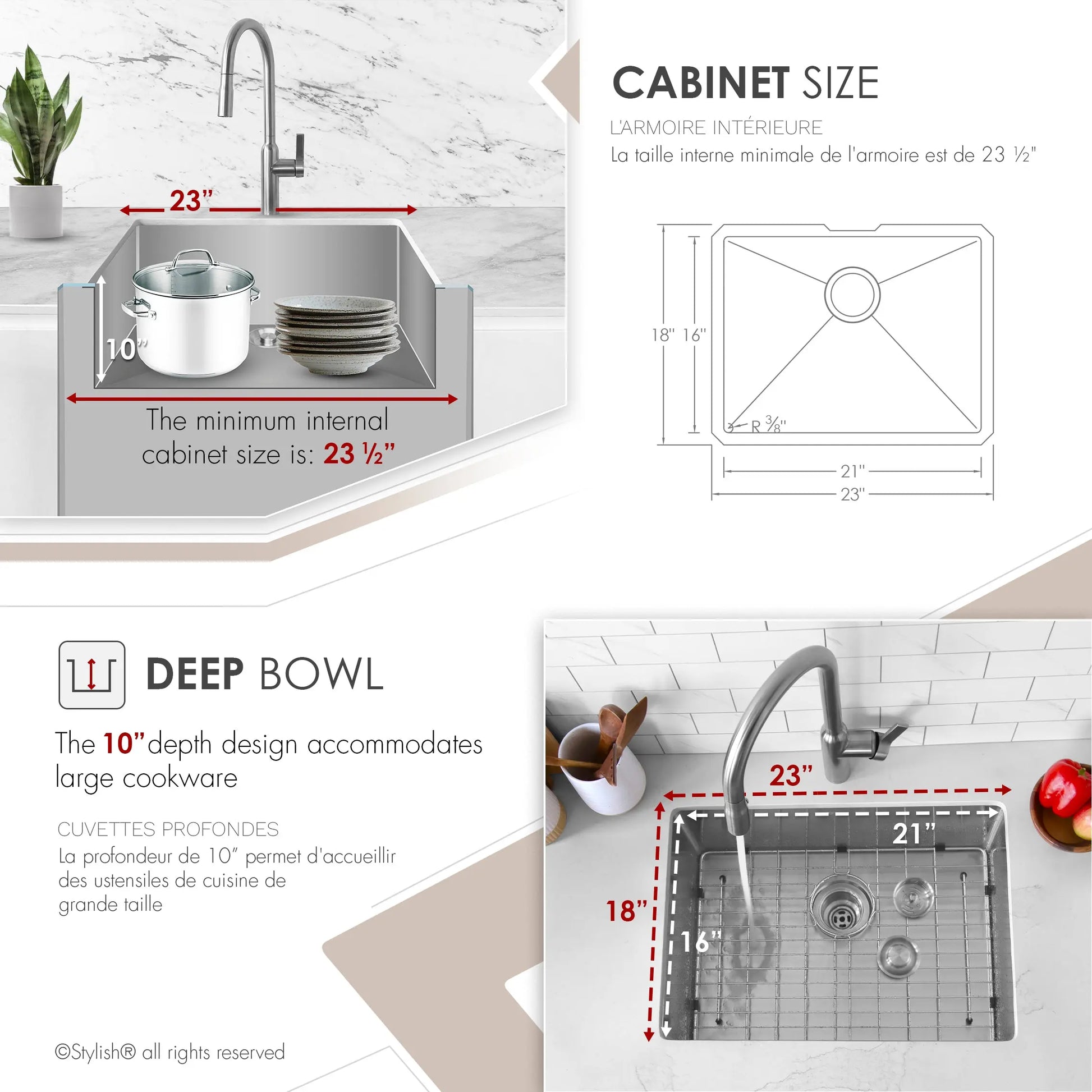 STYLISH 23 inch Single Bowl Undermount Stainless Steel Kitchen Sink S-307XG - Plumbing Market