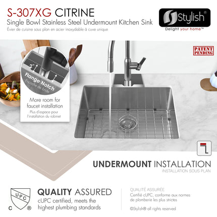 STYLISH 23 inch Single Bowl Undermount Stainless Steel Kitchen Sink S-307XG - Plumbing Market