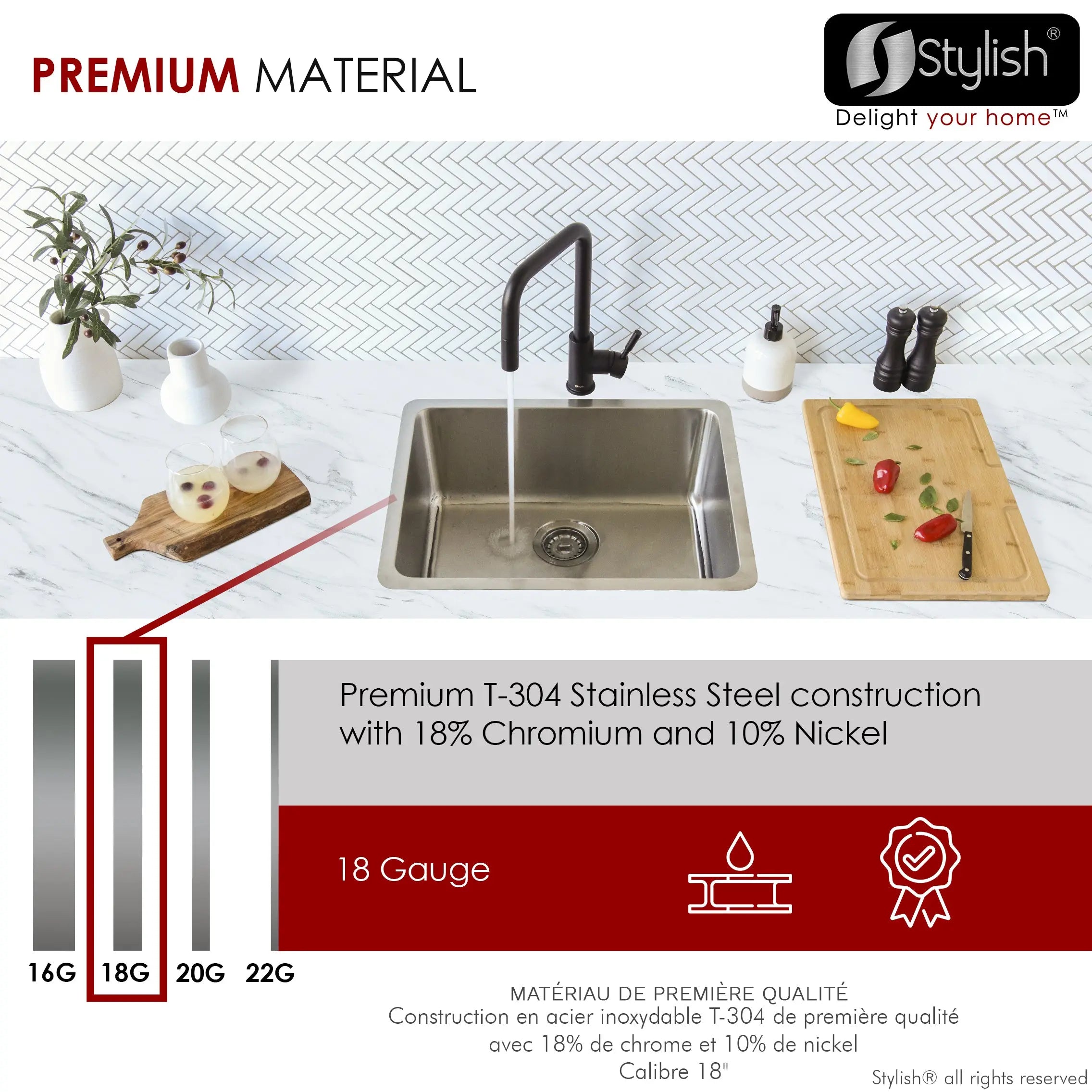 STYLISH 23 inch Single Bowl Undermount and Drop-in Stainless Steel Kitchen Sink S-203T - Plumbing Market