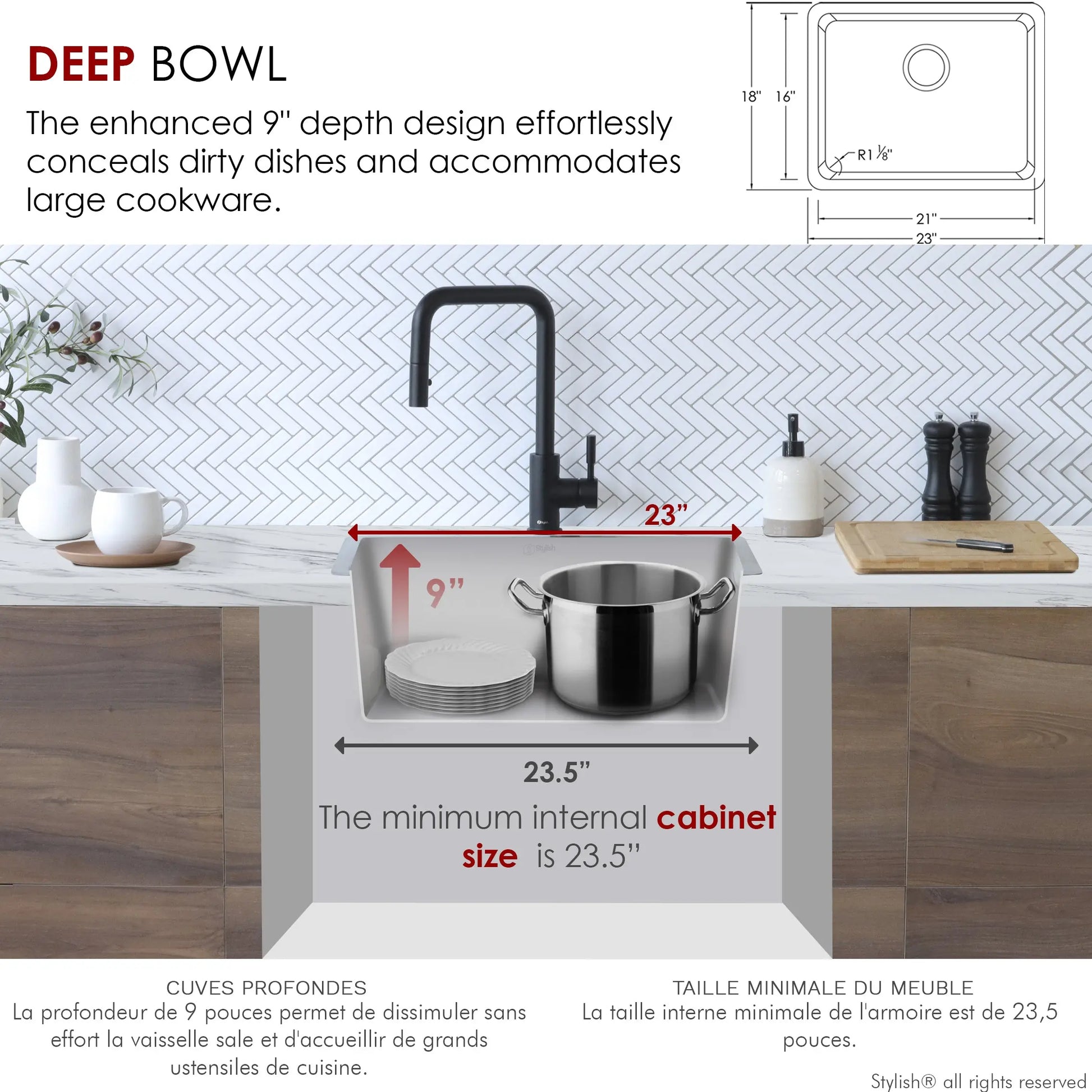 STYLISH 23 inch Single Bowl Undermount and Drop-in Stainless Steel Kitchen Sink S-203T - Plumbing Market