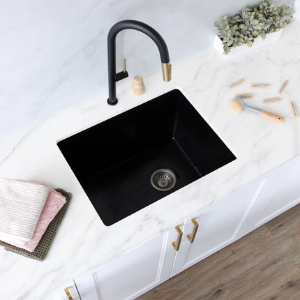 STYLISH 25 inch Dual Mount Single Bowl Black Composite Granite Kitchen Laundry with Strainer S-825N - Plumbing Market