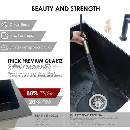 STYLISH 25 inch Dual Mount Single Bowl Black Composite Granite Kitchen Laundry with Strainer S-825N - Plumbing Market