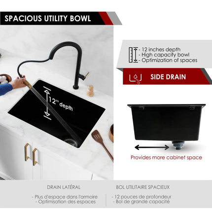 STYLISH 25 inch Dual Mount Single Bowl Black Composite Granite Kitchen Laundry with Strainer S-825N - Plumbing Market