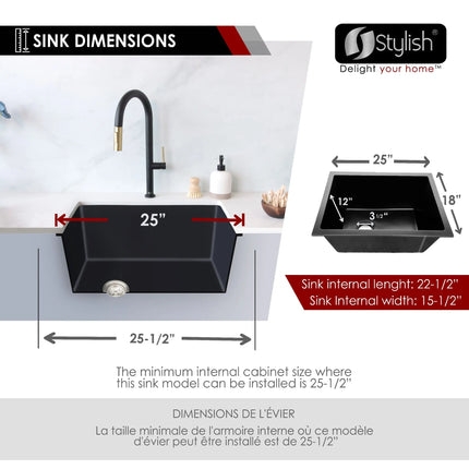 STYLISH 25 inch Dual Mount Single Bowl Black Composite Granite Kitchen Laundry with Strainer S-825N - Plumbing Market